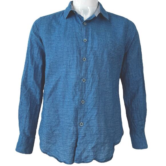 Robert Graham Shirt Mens Size Medium Brixton Blue Linen Blend Classic Fit Dress - Picture 1 of 4